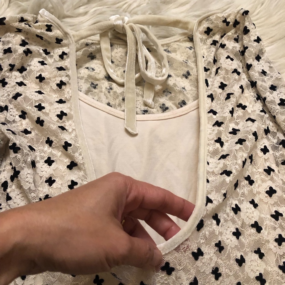 Free People Sheer Delight Polka Dots Bow Mesh Open Back Black Cream Mini size S - Picture 9 of 15